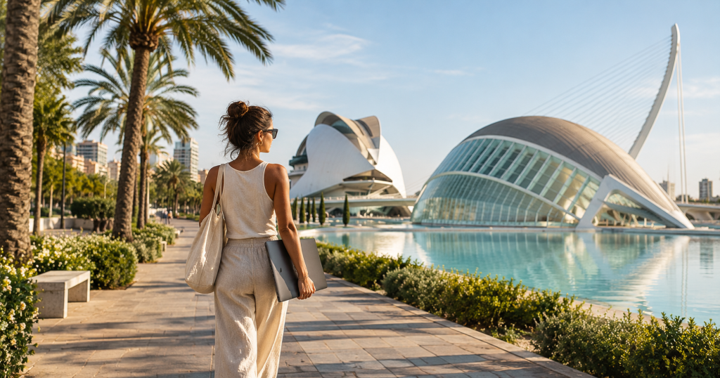 Mujer con portátil paseando por la Ciudad de las Artes y las Ciencias de Valencia
