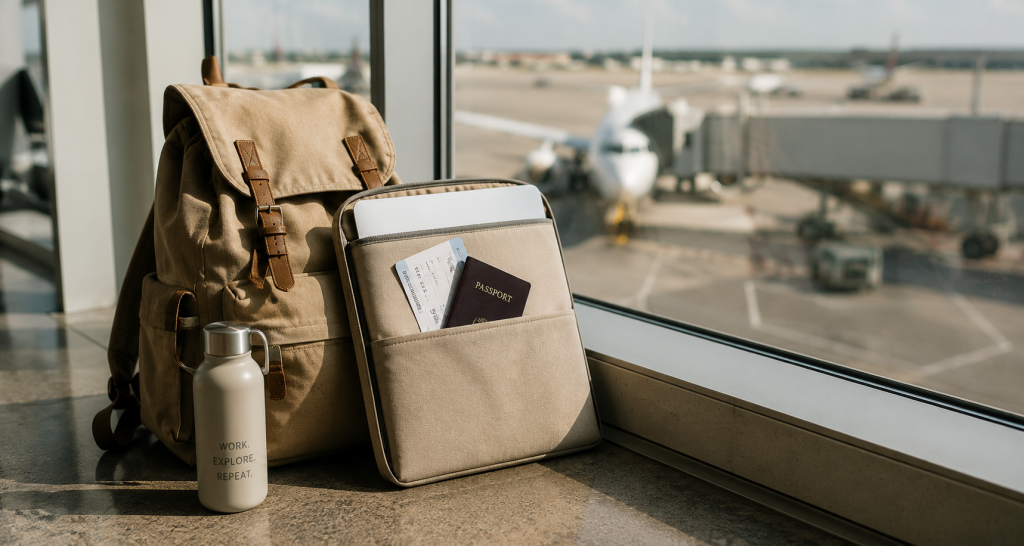 Mochila, portátil y pasaporte preparados para organizar una workation