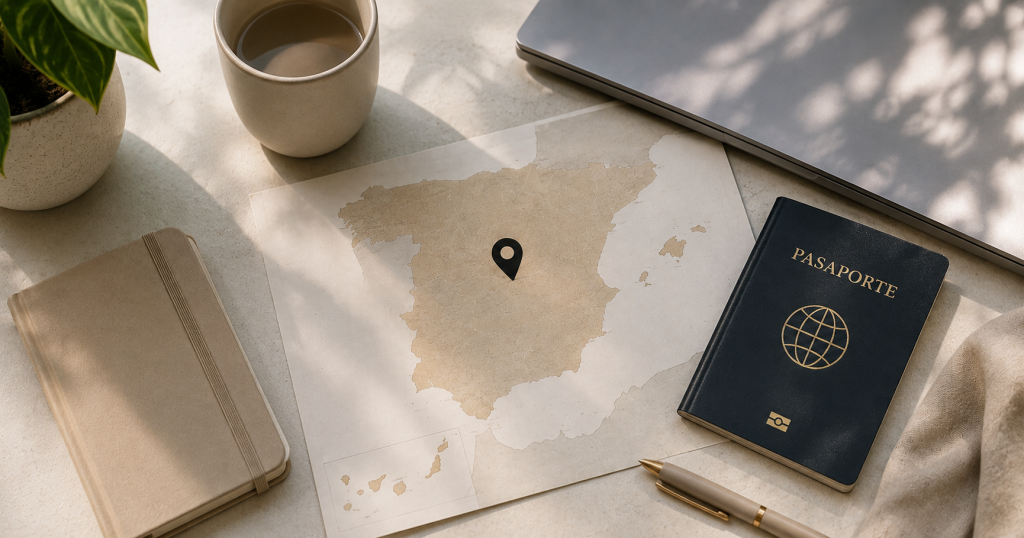 Mapa de España con portátil, pasaporte y libreta para elegir dónde vivir como nómada digital