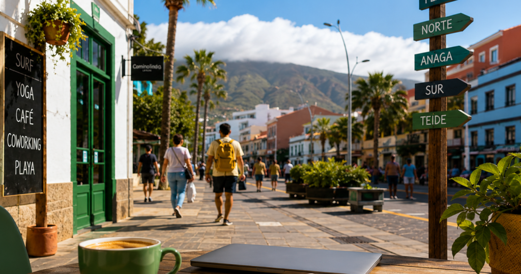 Remote work café in Tenerife with signs pointing to the north, south, Anaga and Teide