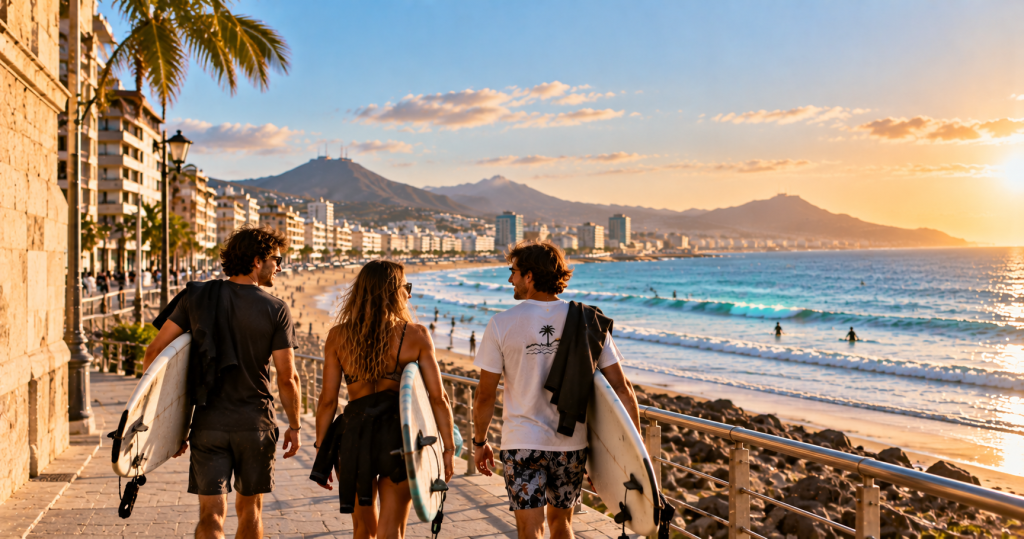Grupo de amigos con tablas de surf caminando por La Cícer en Las Palmas de Gran Canaria