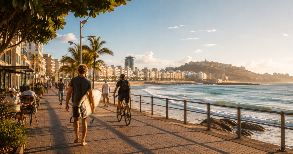 Paseo de Las Canteras en Gran Canaria con surfistas y ciclistas junto al mar