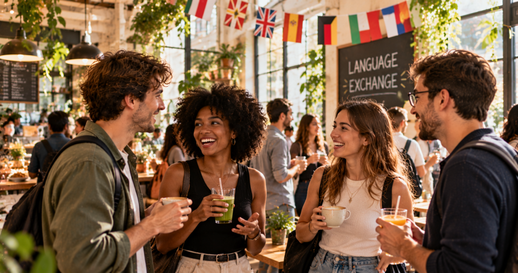 Grupo de jóvenes conversando durante un intercambio de idiomas en una cafetería