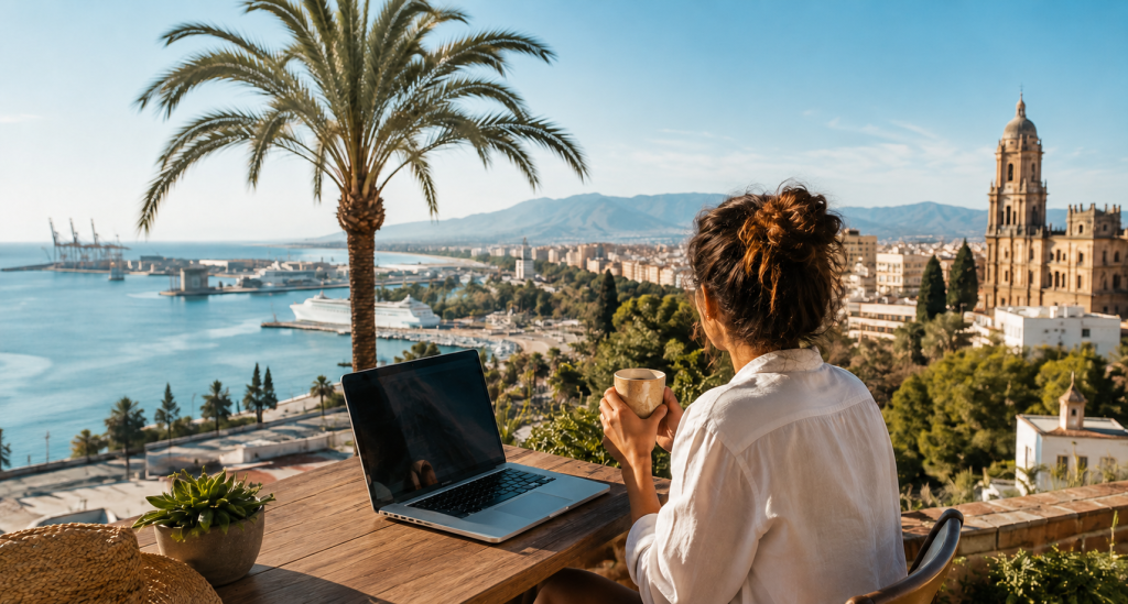 Woman working remotely with a laptop overlooking Málaga and its coastline