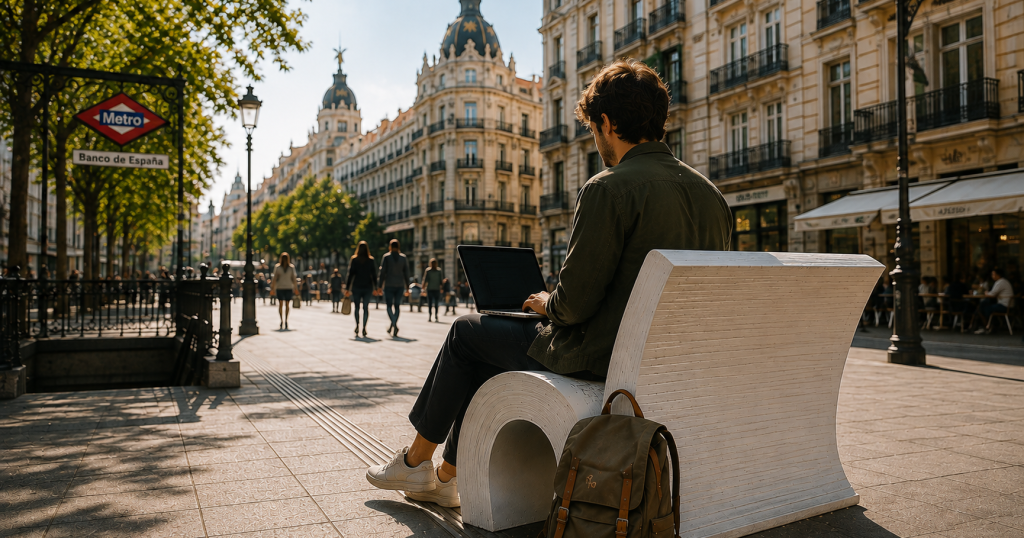 Remote worker using a laptop on a book-shaped bench in central Madrid