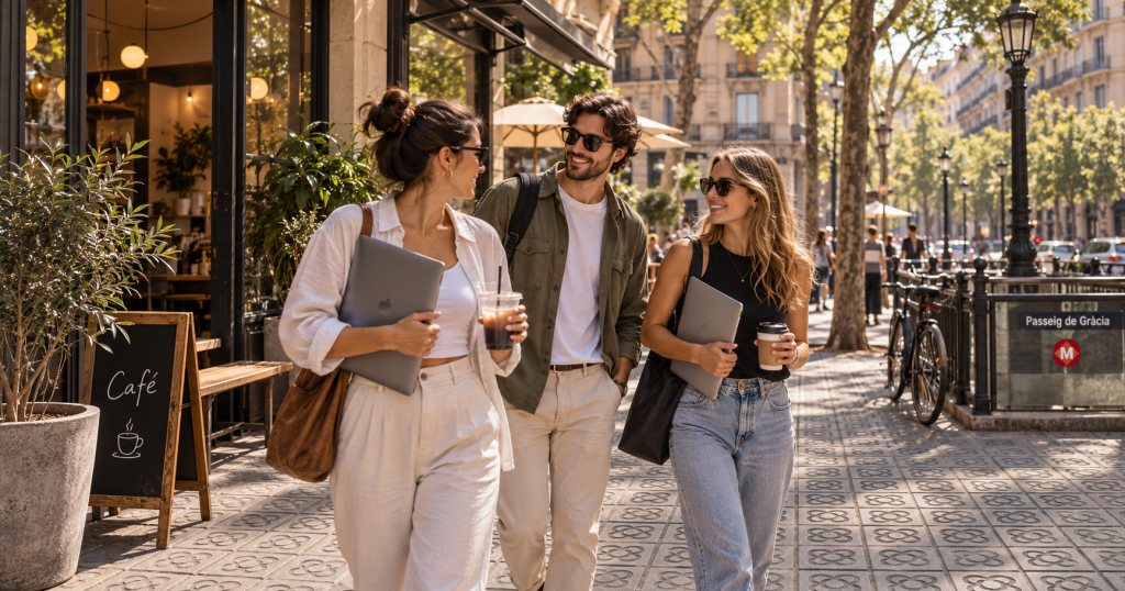 Grupo de amigos con portátiles paseando por una calle de Barcelona