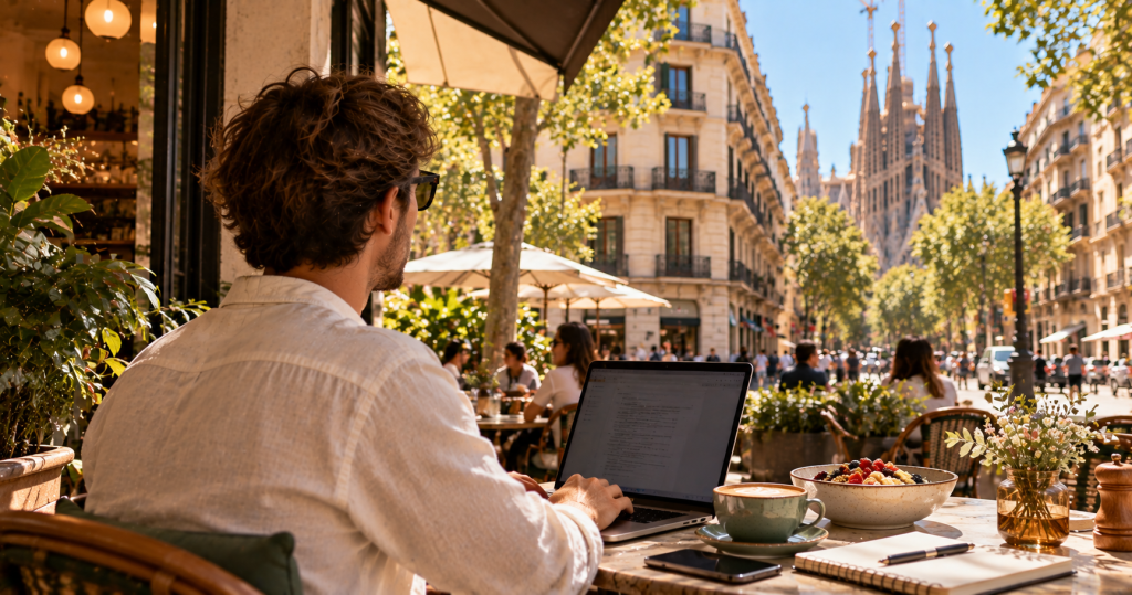 Chico trabajando con su portátil desde un brunch en L’Eixample de Barcelona