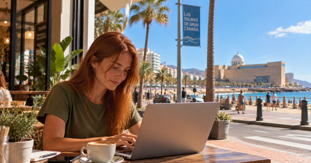 Mujer trabajando con su portátil en una cafetería junto a Las Canteras en Las Palmas de Gran Canaria