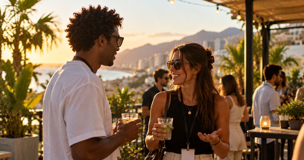 Dos jóvenes conversando durante un evento de networking en una terraza