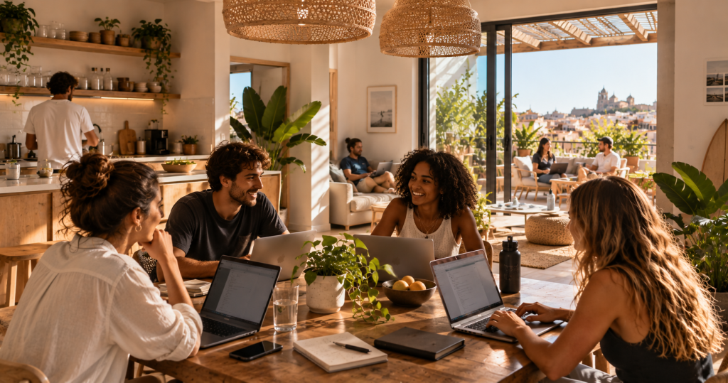 Personas compartiendo un espacio de coliving en España mientras trabajan en remoto