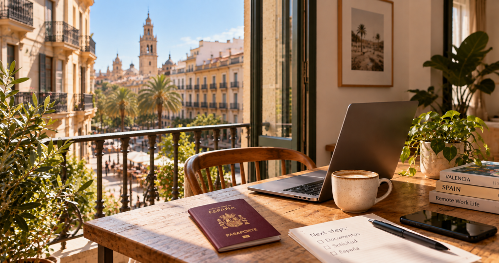 Pasaporte español y portátil en una mesa con vistas a una ciudad de España