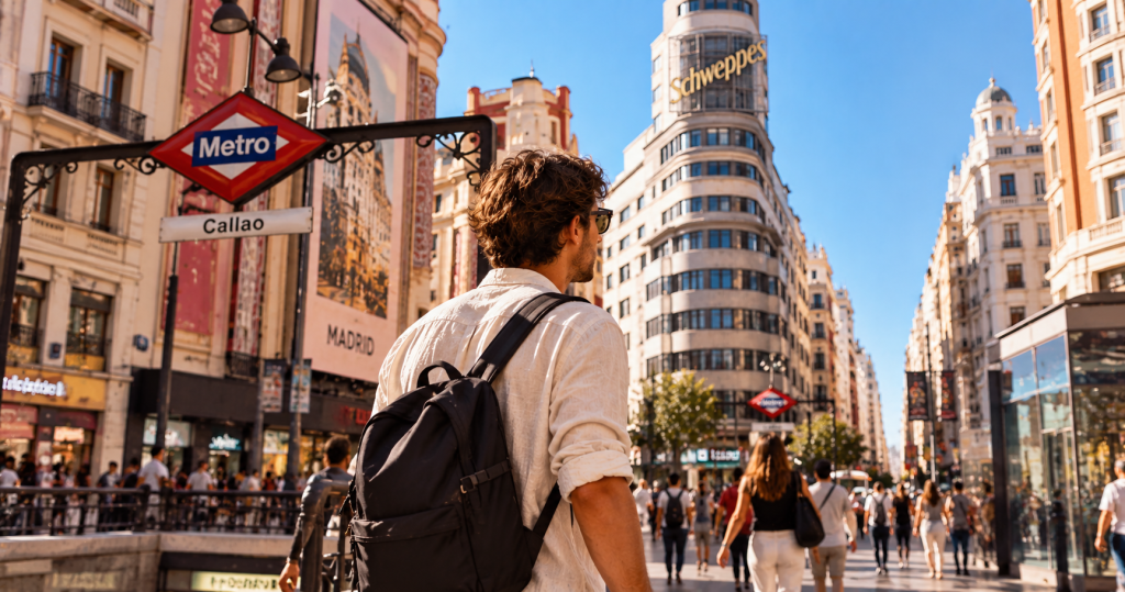 Joven paseando por Callao en Madrid con mochila