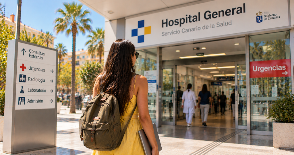 Mujer extranjera llegando a un centro sanitario público en España