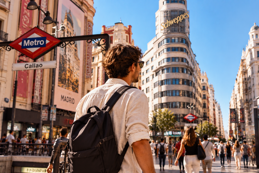 Joven paseando por Callao en Madrid con mochila