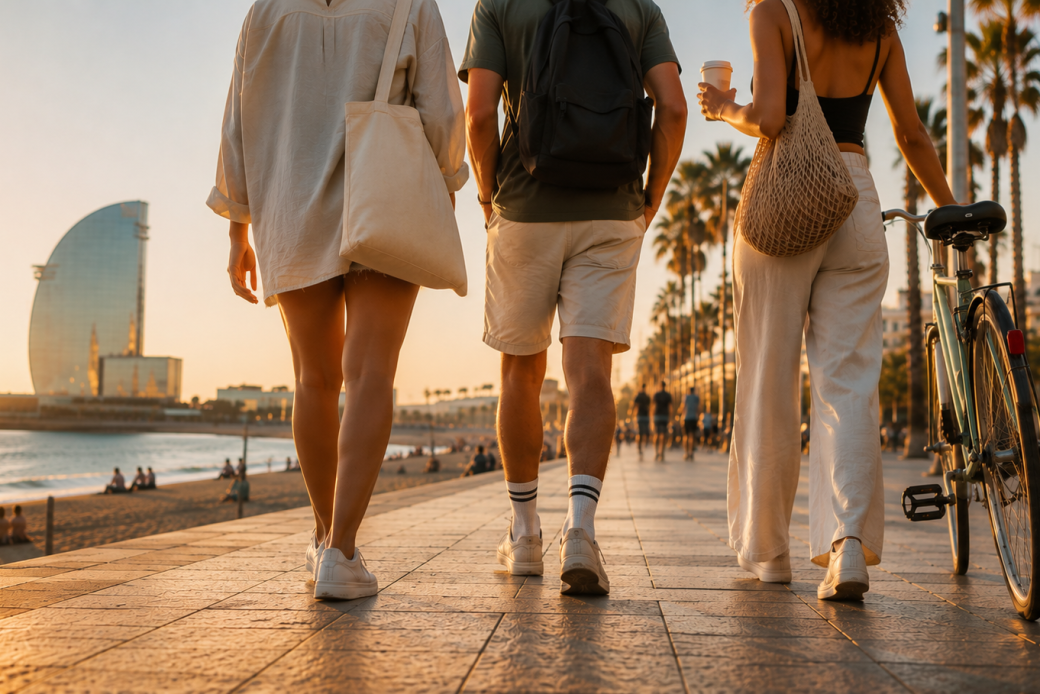 Amigos paseando por la Barceloneta, uno de los lugares para vivir en España trabajando online