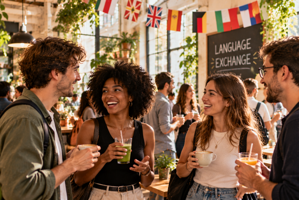 Grupo de jóvenes conversando durante un intercambio de idiomas en una cafetería
