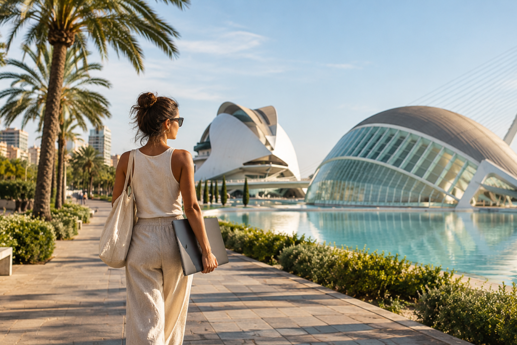 Mujer con portátil paseando por la Ciudad de las Artes y las Ciencias de Valencia