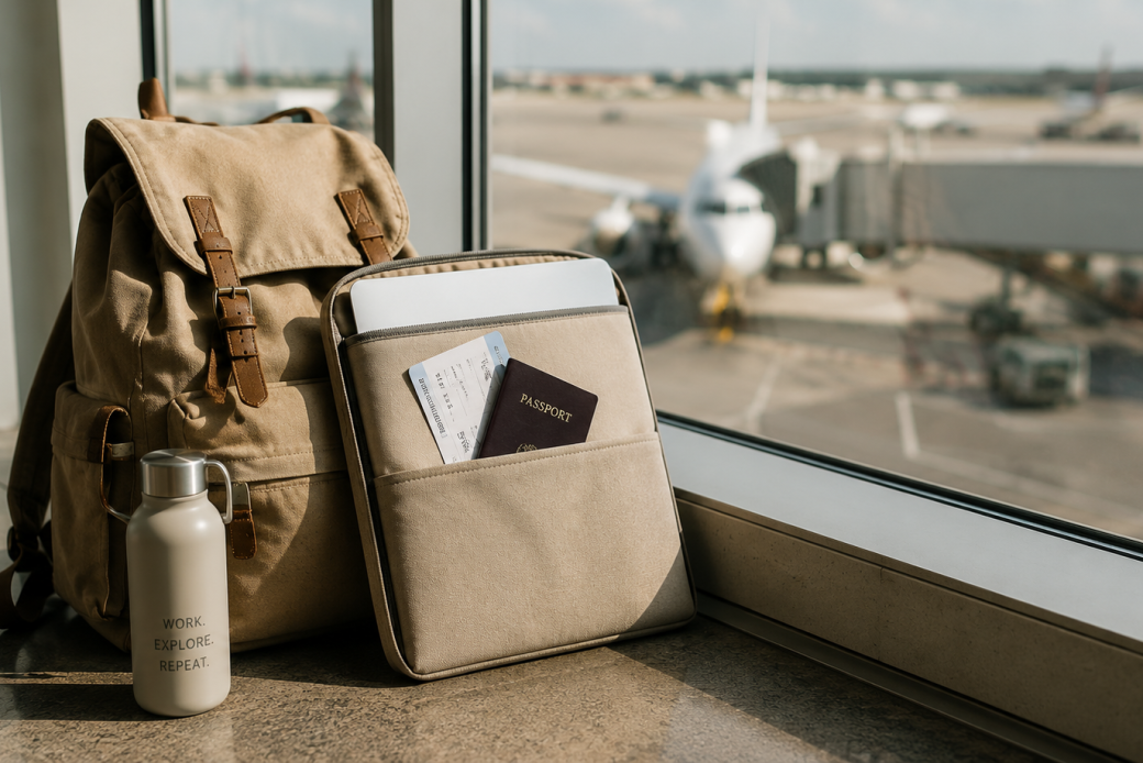 Mochila, portátil y pasaporte preparados para organizar una workation