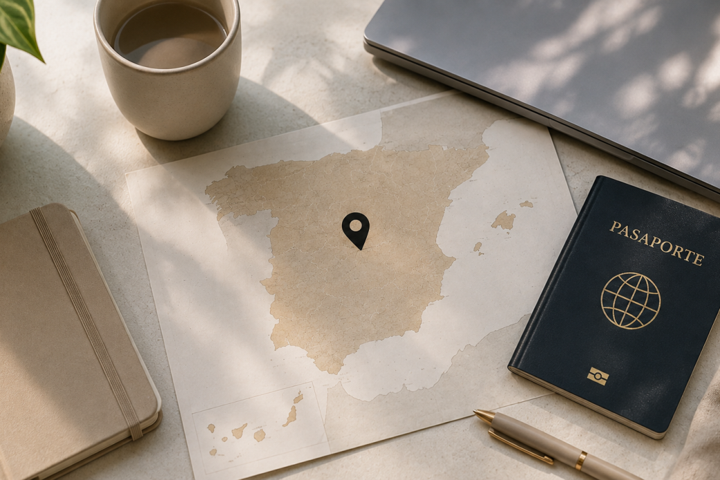 Mapa de España con portátil, pasaporte y libreta para elegir dónde vivir como nómada digital