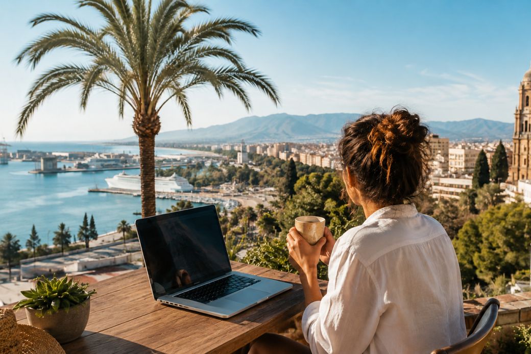 Woman working remotely with a laptop overlooking Málaga and its coastline