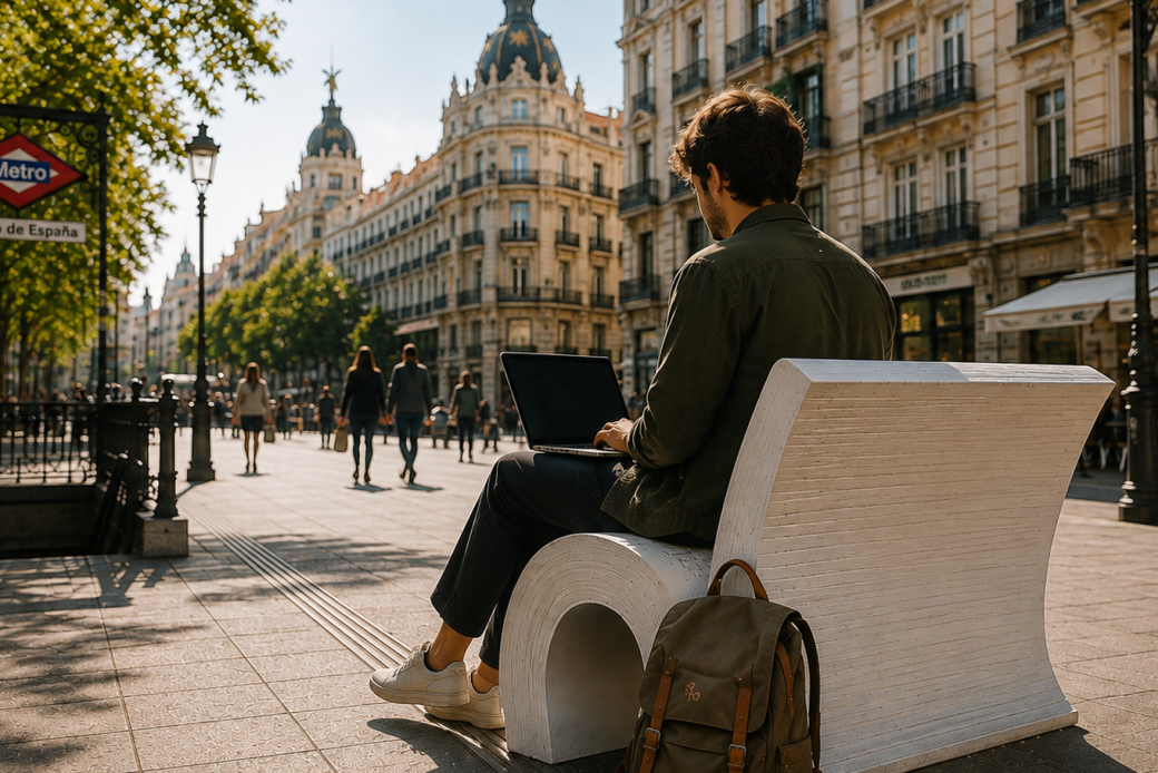 Remote worker using a laptop on a book-shaped bench in central Madrid