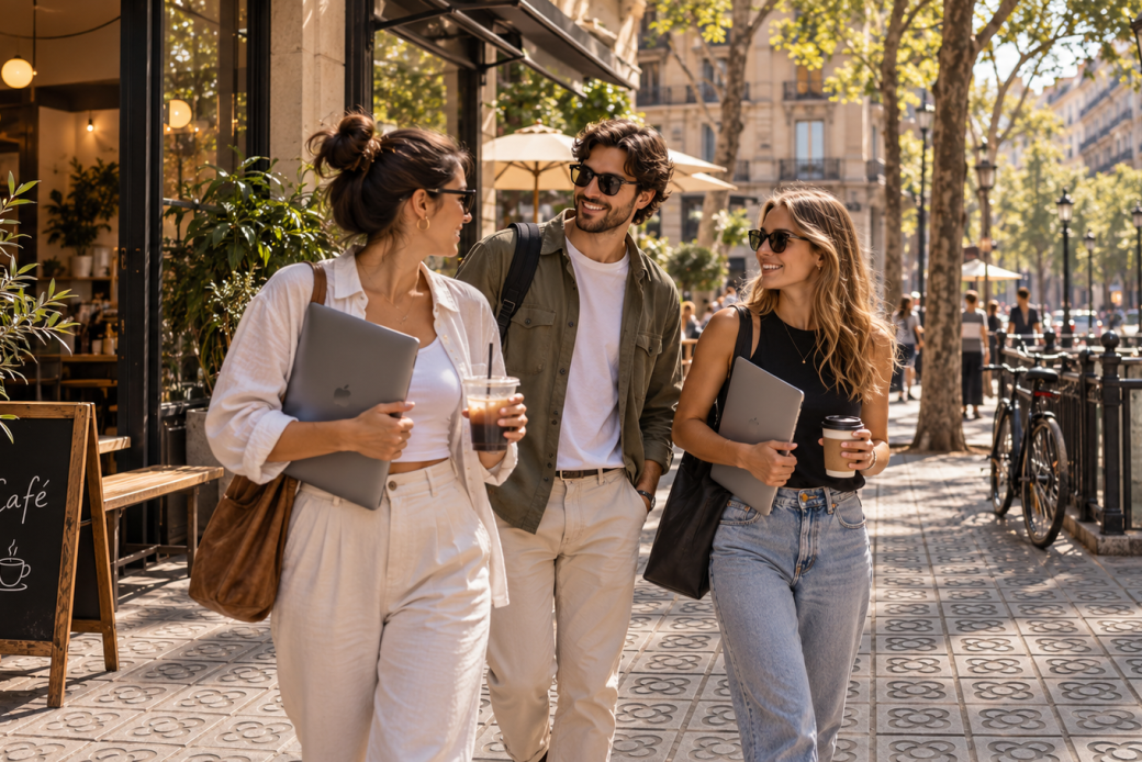 Grupo de amigos con portátiles paseando por una calle de Barcelona