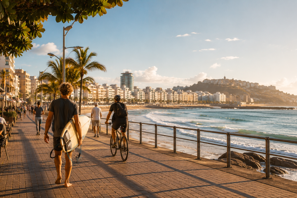 Paseo de Las Canteras en Gran Canaria con surfistas y ciclistas junto al mar