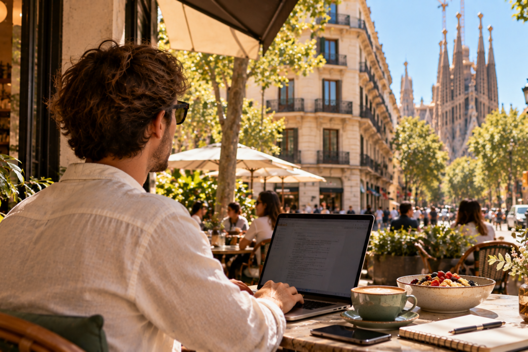 Chico trabajando con su portátil desde un brunch en L’Eixample de Barcelona