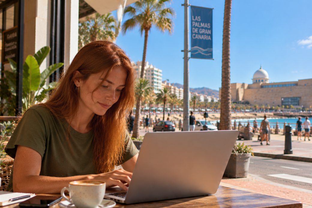 Mujer trabajando con su portátil en una cafetería junto a Las Canteras en Las Palmas de Gran Canaria