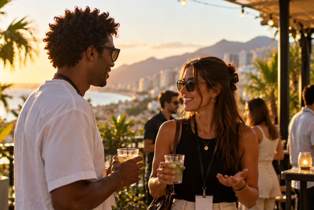 Dos jóvenes conversando durante un evento de networking en una terraza