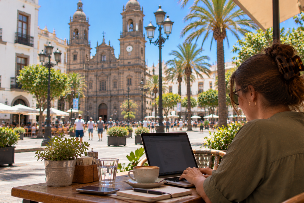 Mujer teletrabajando desde una cafetería en Santa Cruz de Tenerife