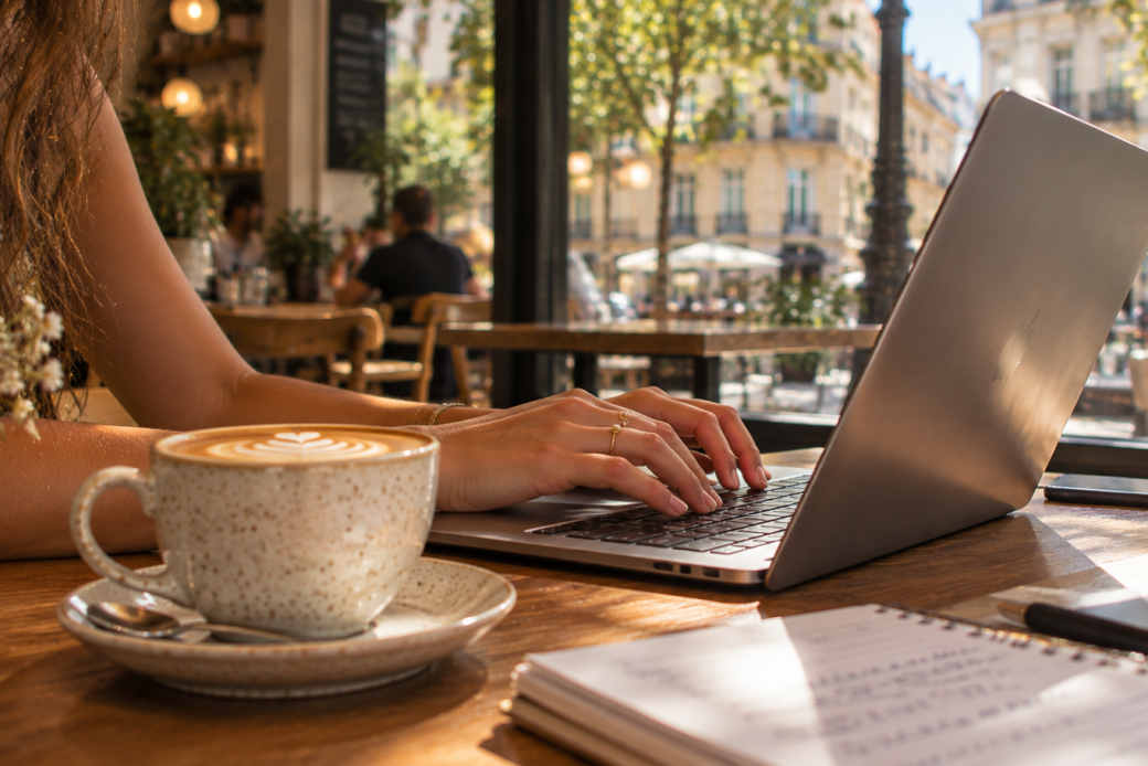 Manos de una joven trabajando con el portátil y un café