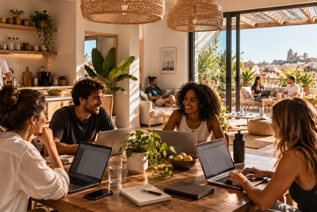 Personas compartiendo un espacio de coliving en España mientras trabajan en remoto