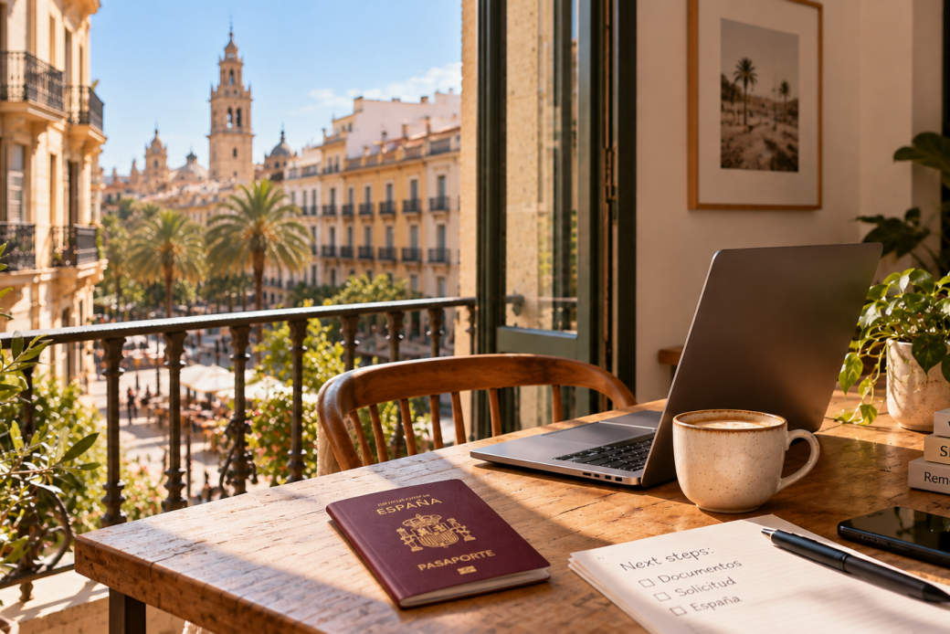 Pasaporte español y portátil en una mesa con vistas a una ciudad de España
