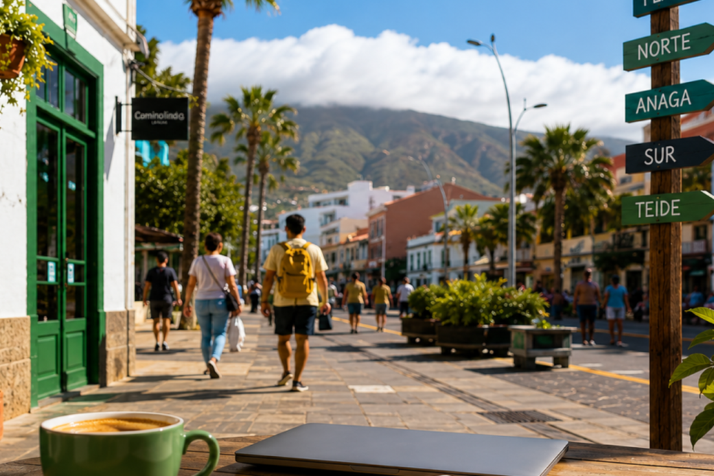Remote work café in Tenerife with signs pointing to the north, south, Anaga and Teide